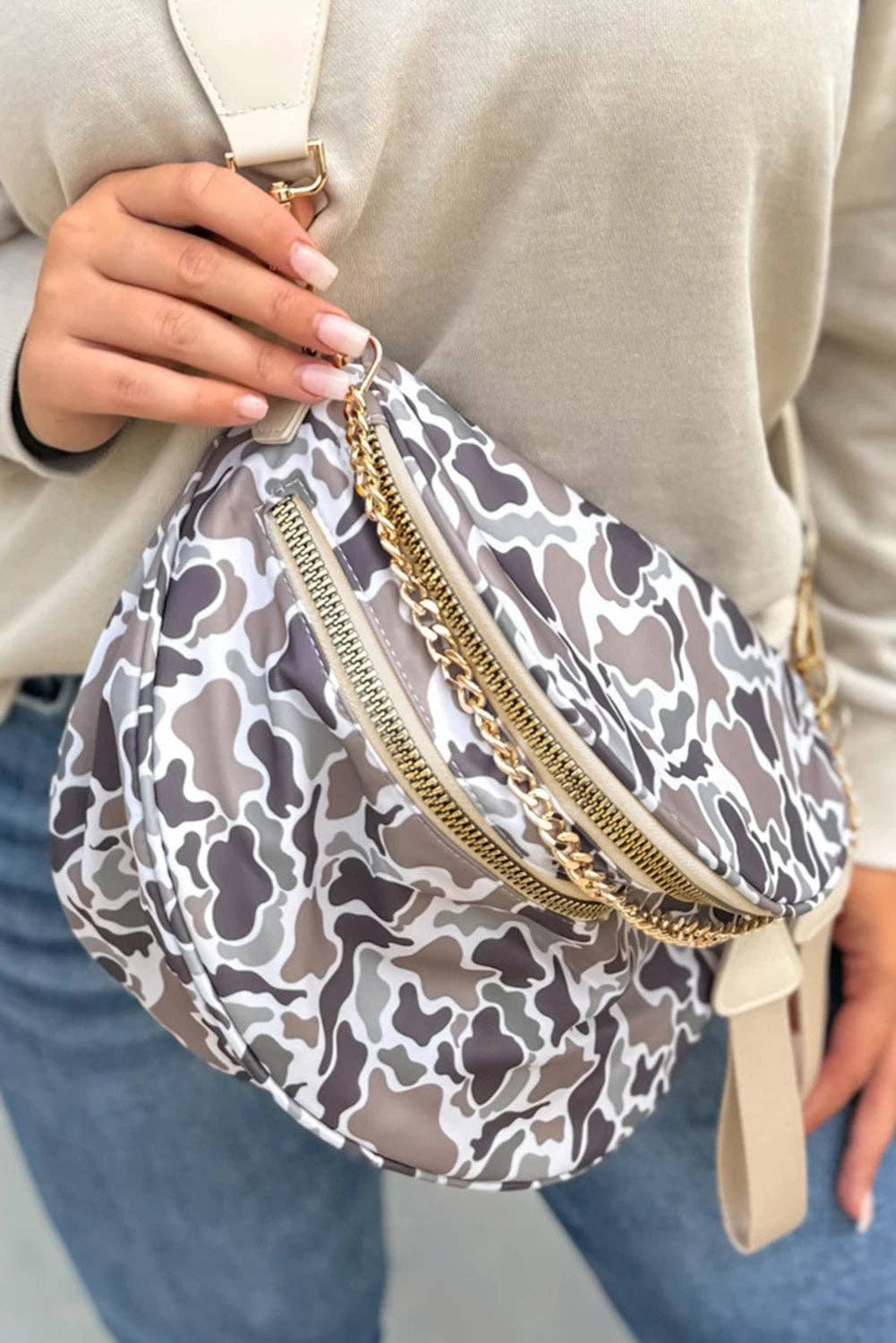 Camo Print Crossbody Shoulder Bag with Gold Chain Detail