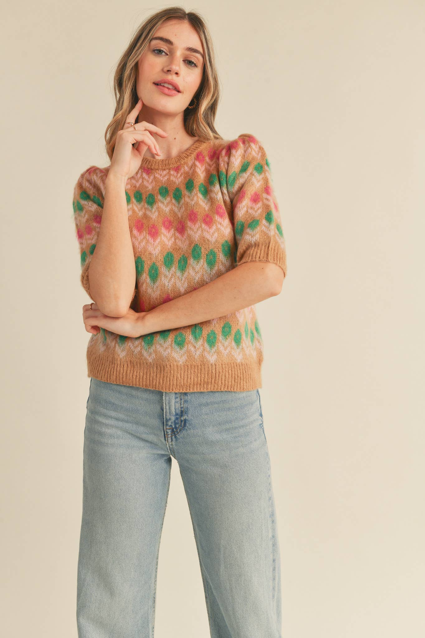 FLORAL KNIT SHORT PUFF SLEEVE SWEATER TOP