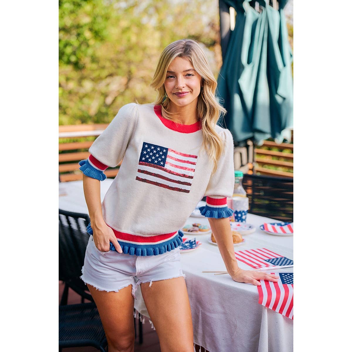 4TH OF JULY SEQUIN AMERICA FLAG RUFFLE KNIT TOP