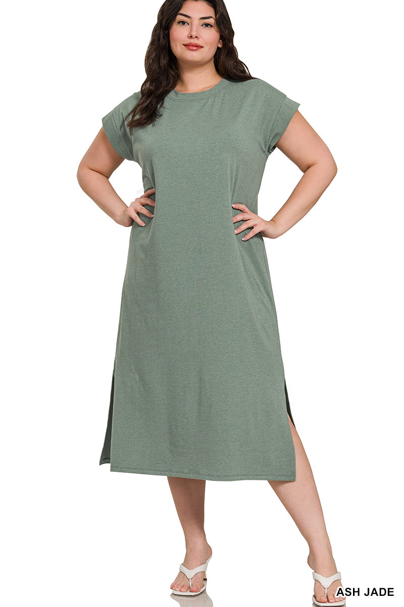PLUS ROUND NECK SHORT SLEEVE MIDI DRESS - Zenana