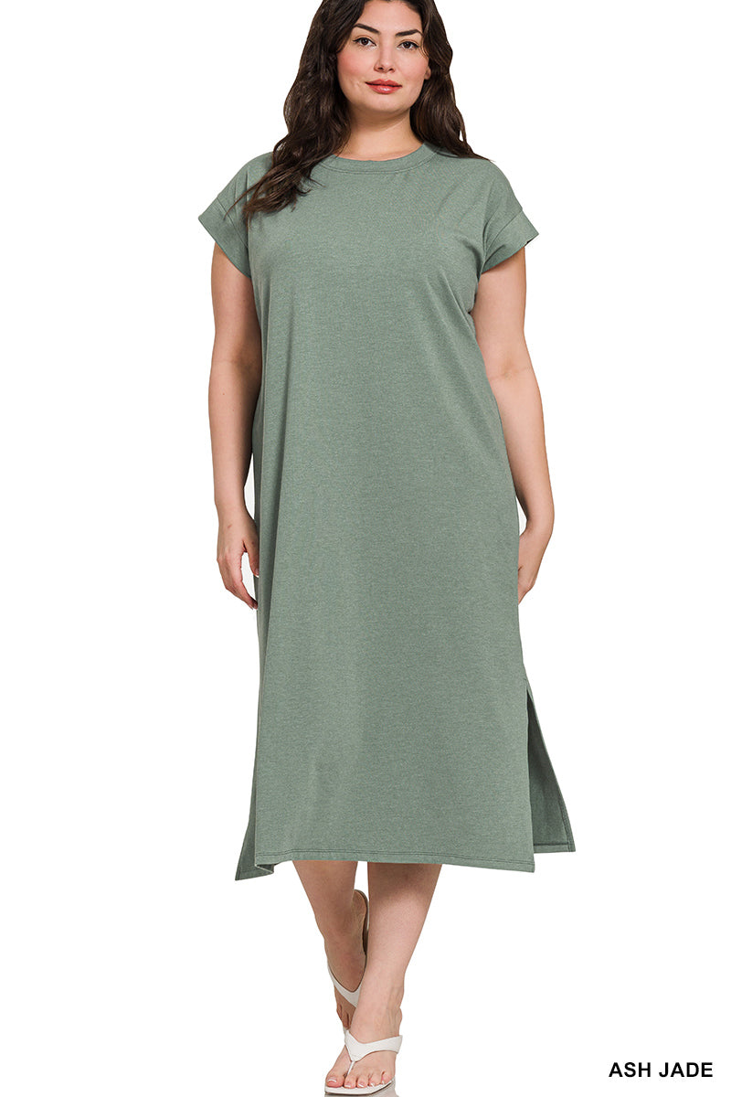 PLUS ROUND NECK SHORT SLEEVE MIDI DRESS - Zenana
