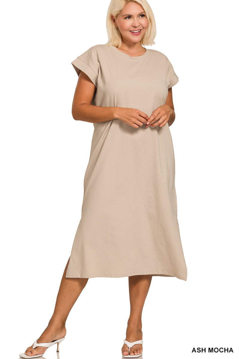 PLUS ROUND NECK SHORT SLEEVE MIDI DRESS - Zenana