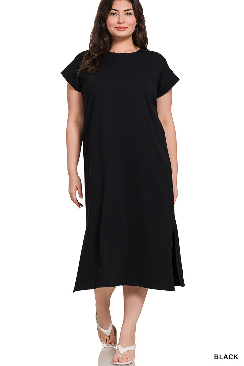 PLUS ROUND NECK SHORT SLEEVE MIDI DRESS - Zenana