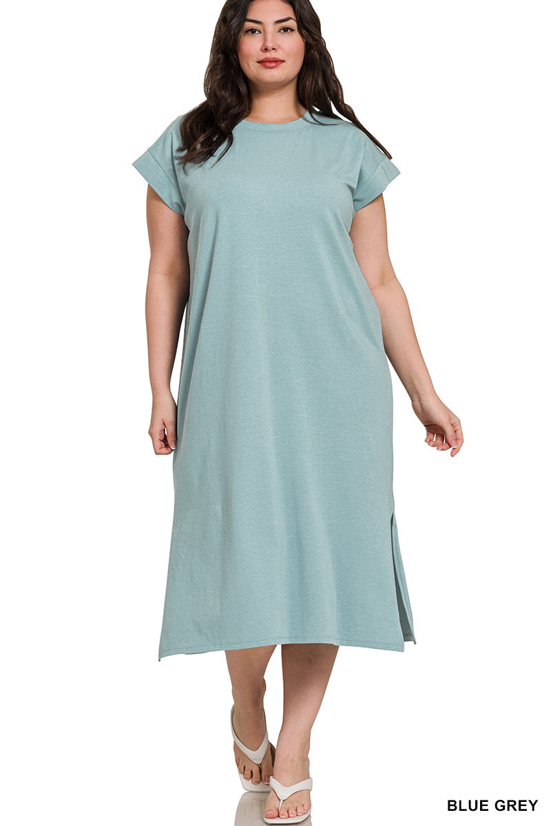 PLUS ROUND NECK SHORT SLEEVE MIDI DRESS - Zenana