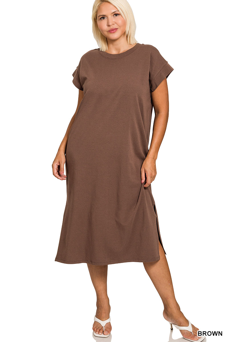 PLUS ROUND NECK SHORT SLEEVE MIDI DRESS - Zenana