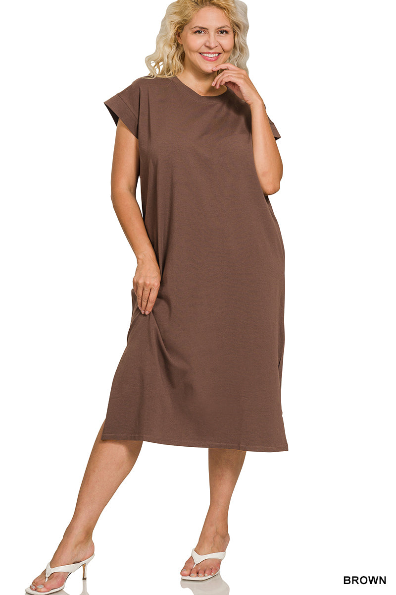 PLUS ROUND NECK SHORT SLEEVE MIDI DRESS - Zenana