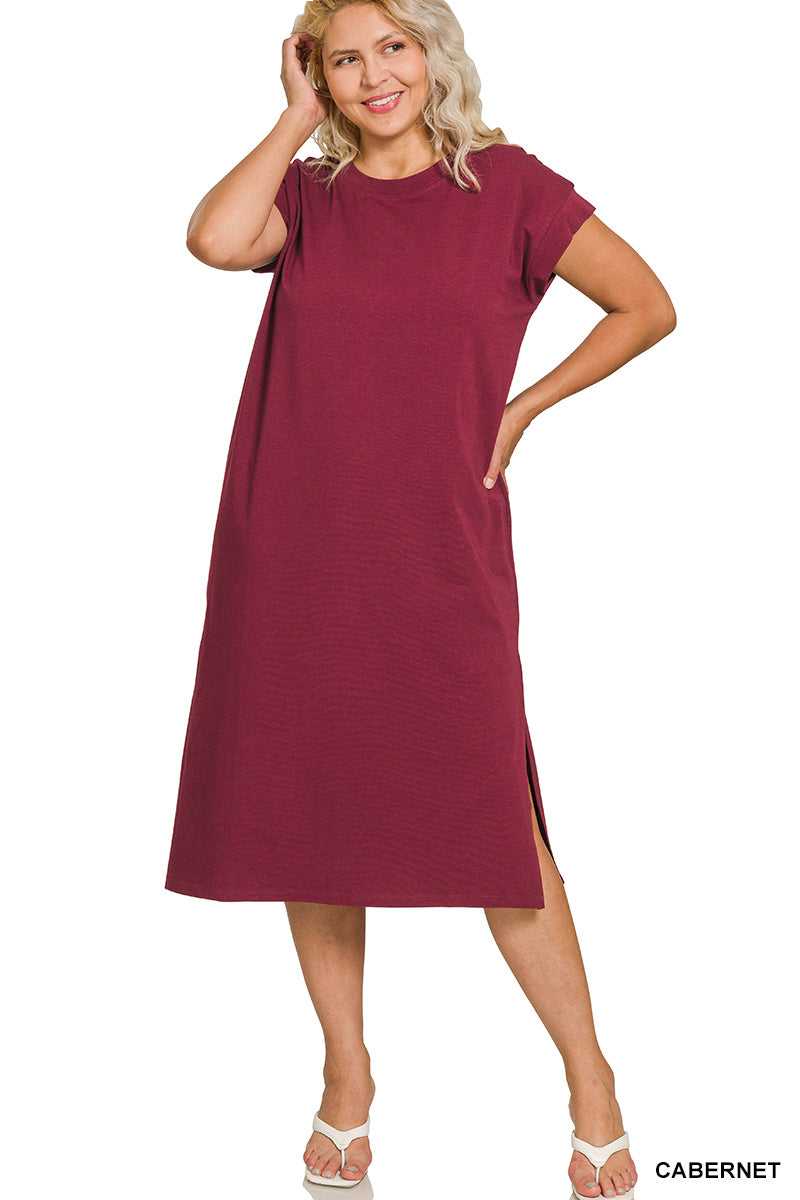 PLUS ROUND NECK SHORT SLEEVE MIDI DRESS - Zenana