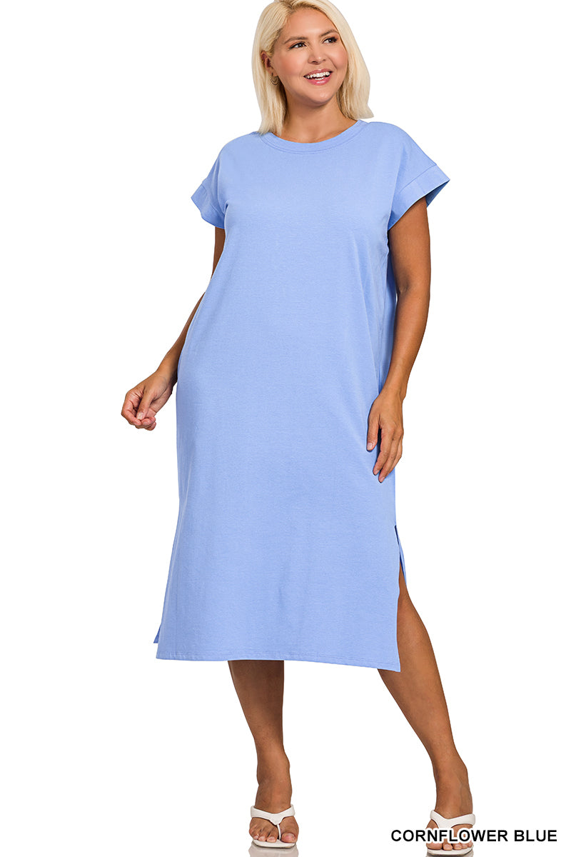 PLUS ROUND NECK SHORT SLEEVE MIDI DRESS - Zenana
