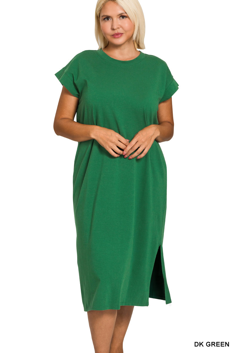 PLUS ROUND NECK SHORT SLEEVE MIDI DRESS - Zenana