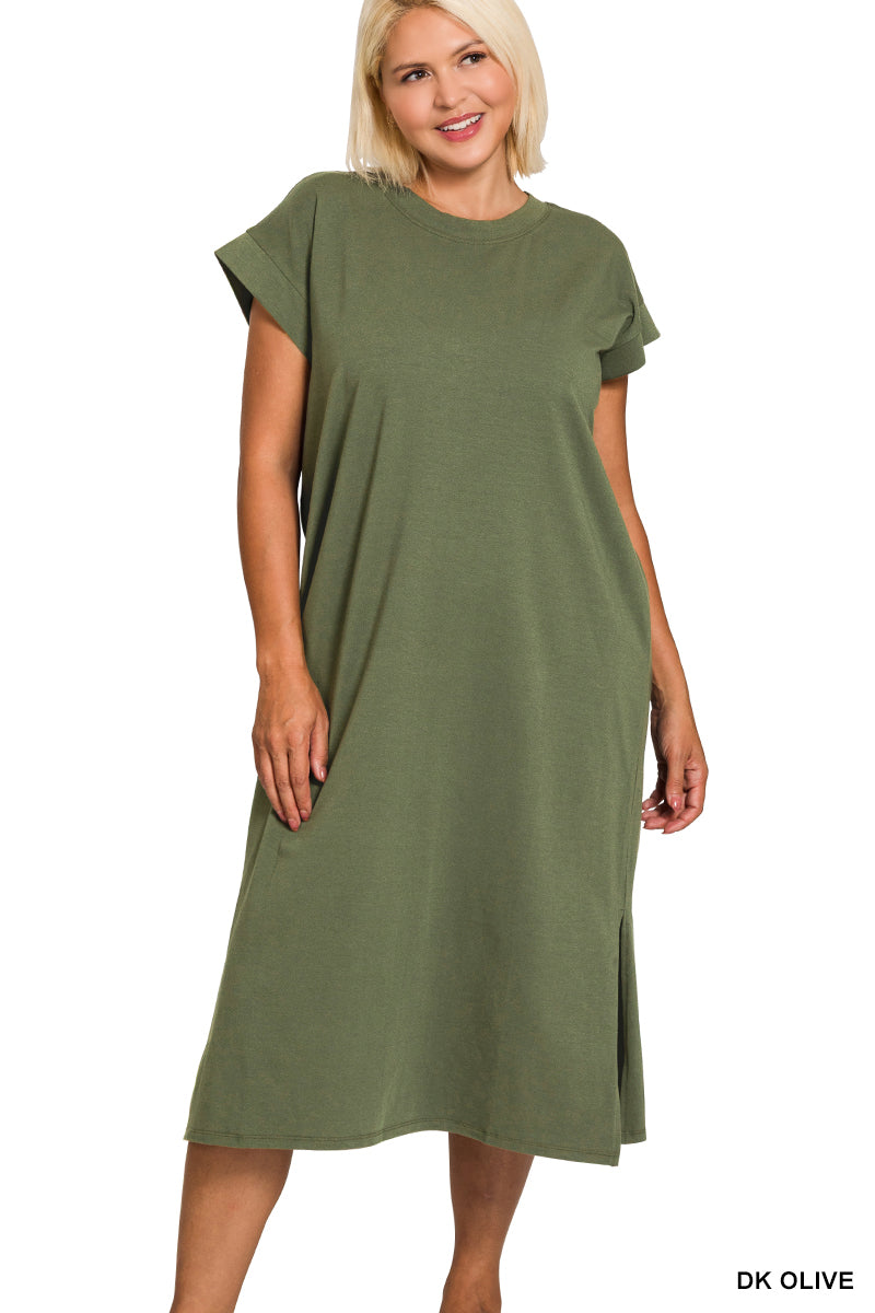 PLUS ROUND NECK SHORT SLEEVE MIDI DRESS - Zenana