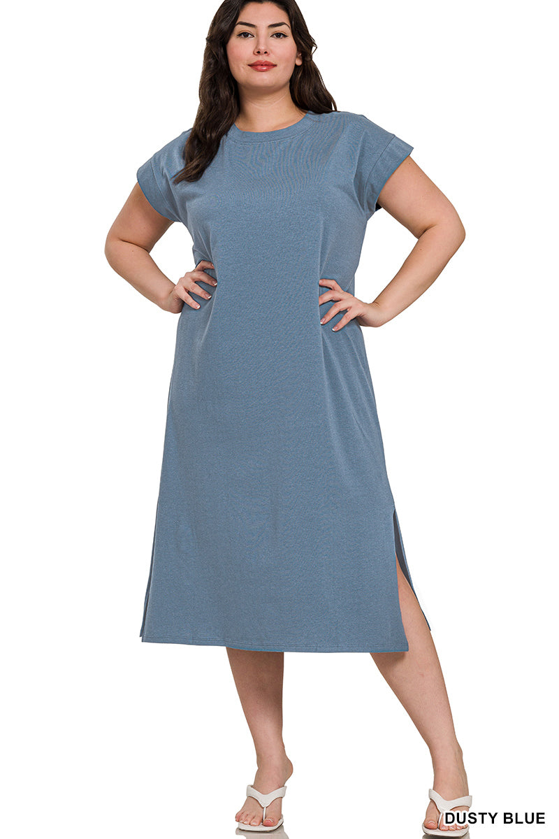 PLUS ROUND NECK SHORT SLEEVE MIDI DRESS - Zenana