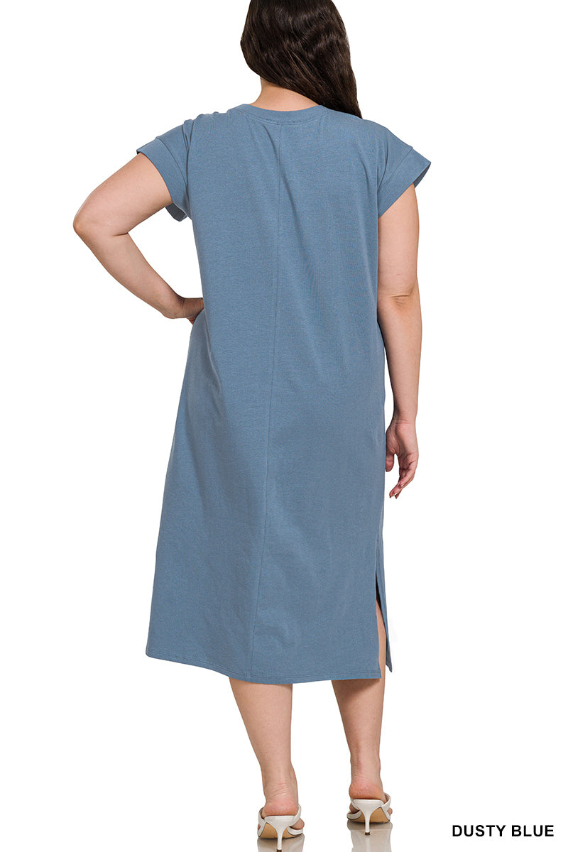 PLUS ROUND NECK SHORT SLEEVE MIDI DRESS - Zenana
