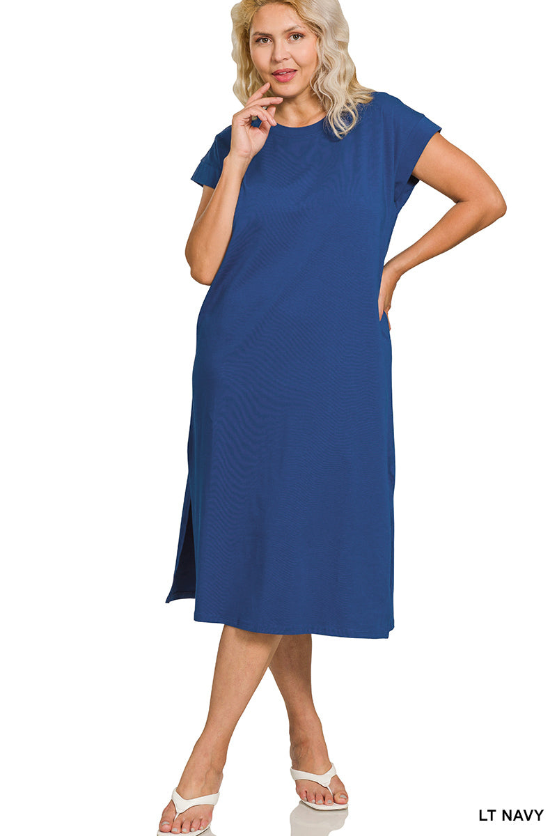 PLUS ROUND NECK SHORT SLEEVE MIDI DRESS - Zenana