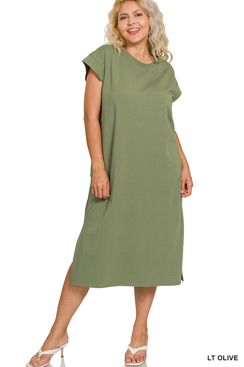 PLUS ROUND NECK SHORT SLEEVE MIDI DRESS - Zenana