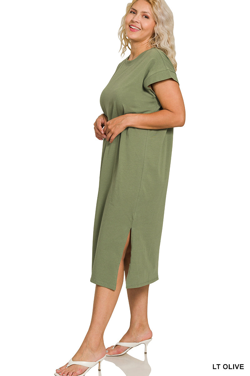 PLUS ROUND NECK SHORT SLEEVE MIDI DRESS - Zenana