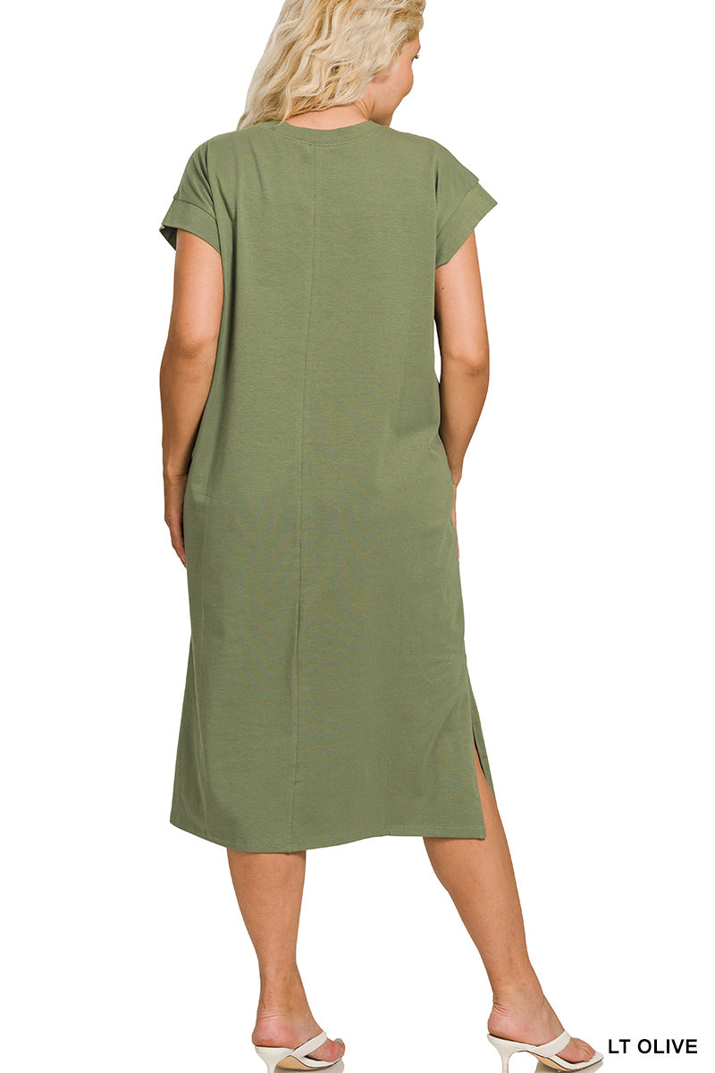 PLUS ROUND NECK SHORT SLEEVE MIDI DRESS - Zenana