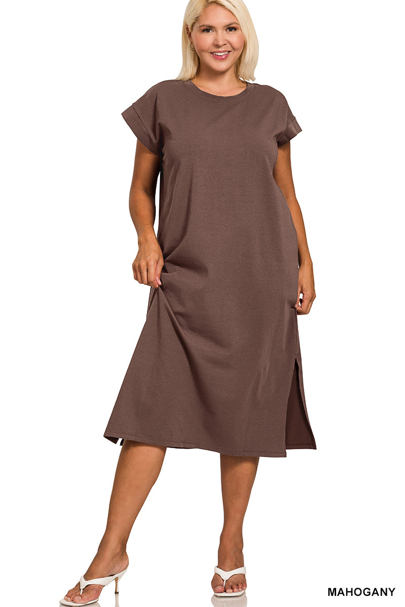 PLUS ROUND NECK SHORT SLEEVE MIDI DRESS - Zenana