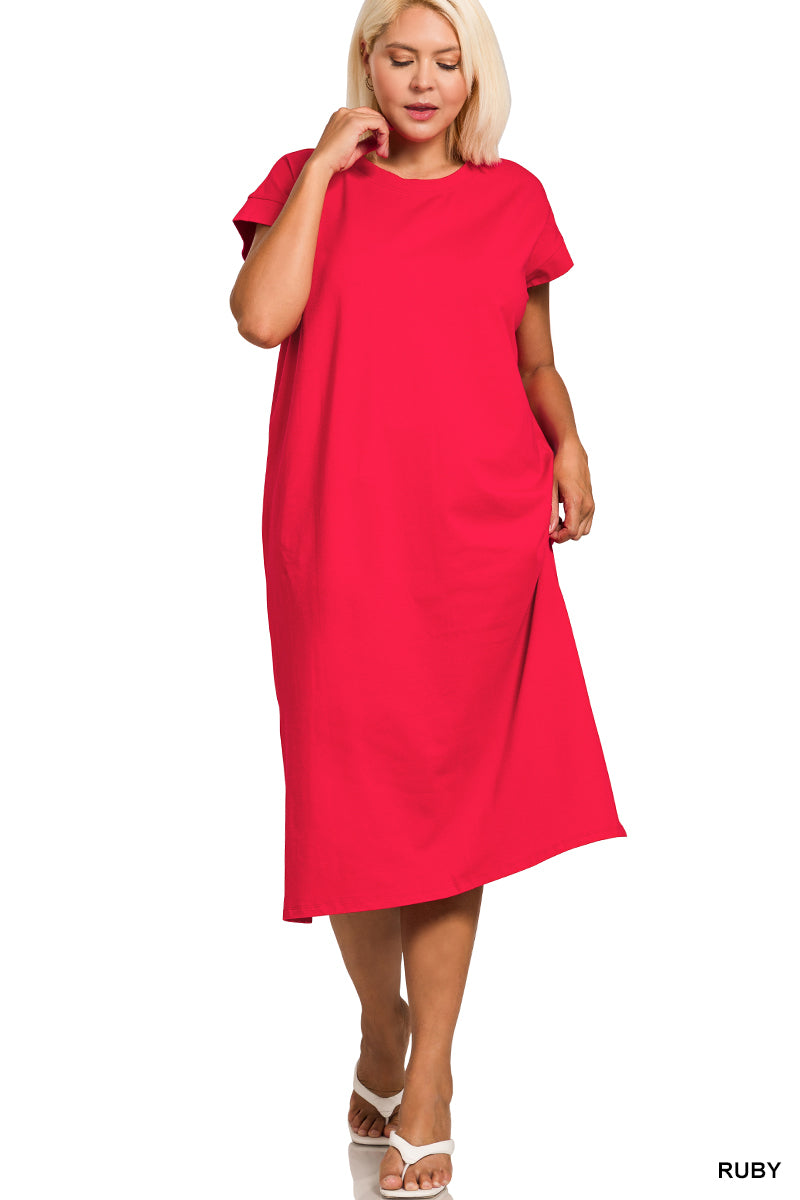 PLUS ROUND NECK SHORT SLEEVE MIDI DRESS - Zenana
