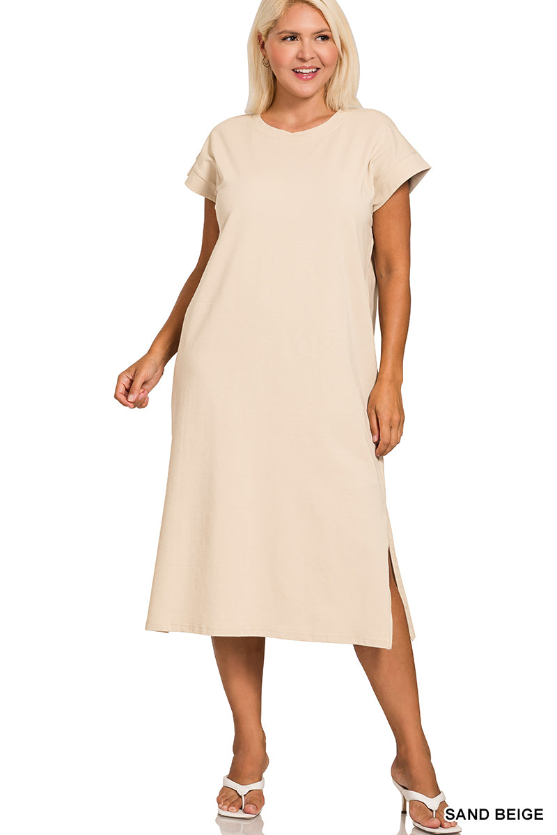 PLUS ROUND NECK SHORT SLEEVE MIDI DRESS - Zenana