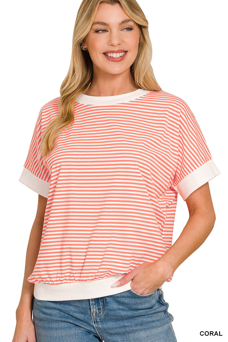 STRIPE CONTRAST TRIM RIB BANDED TOP