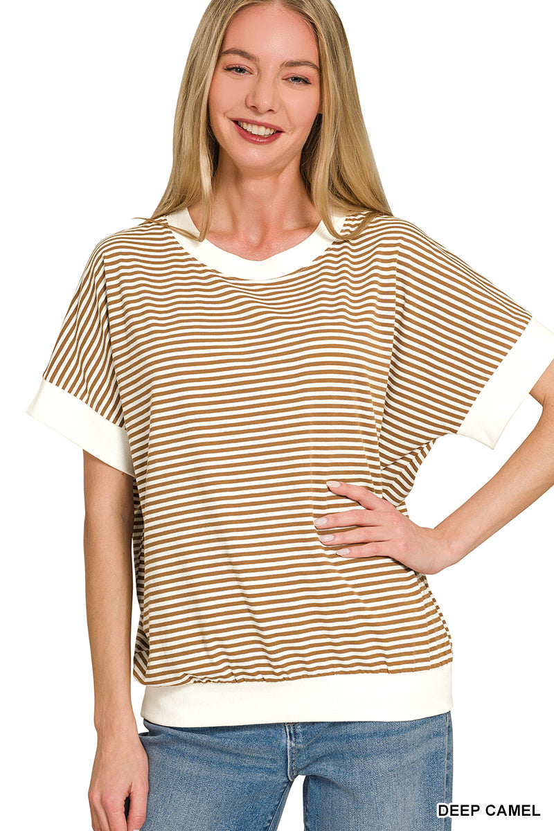 STRIPE CONTRAST TRIM RIB BANDED TOP
