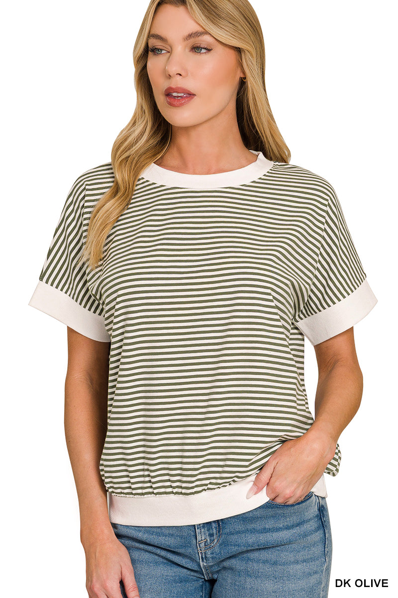 STRIPE CONTRAST TRIM RIB BANDED TOP