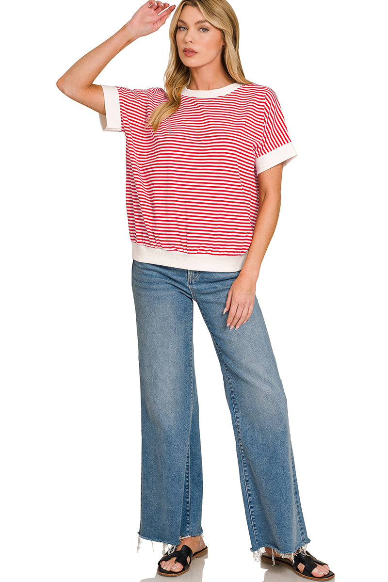 STRIPE CONTRAST TRIM RIB BANDED TOP