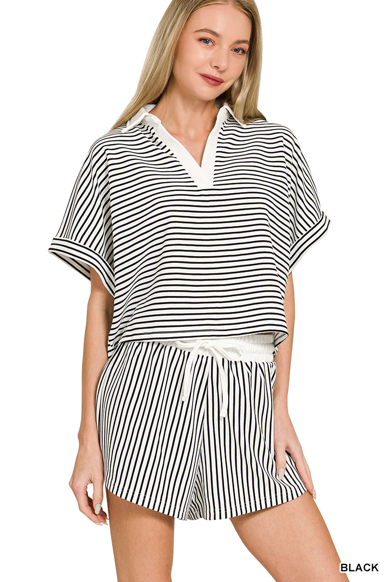 STRIPED COLLARED TOP & SHORTS SET