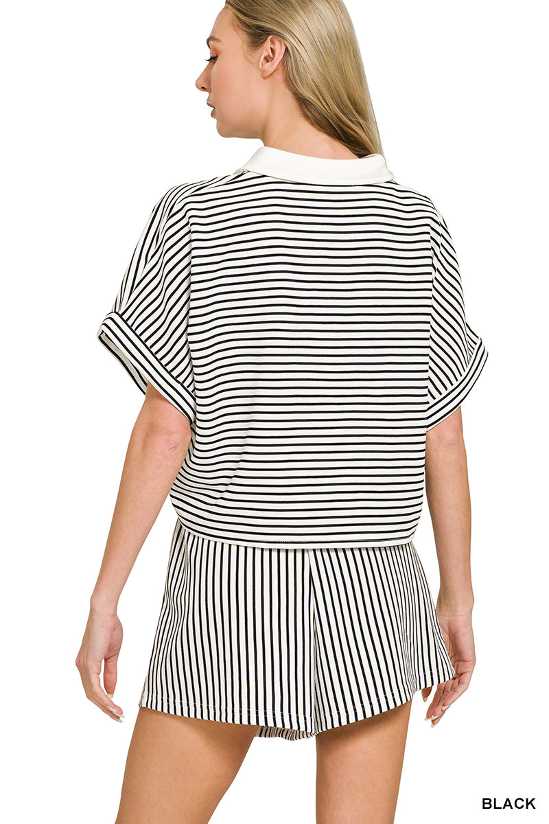 STRIPED COLLARED TOP & SHORTS SET