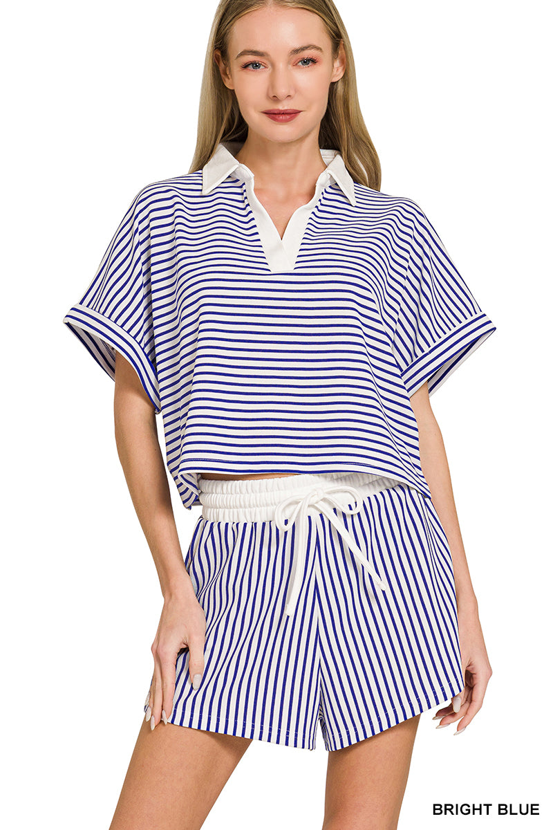 STRIPED COLLARED TOP & SHORTS SET