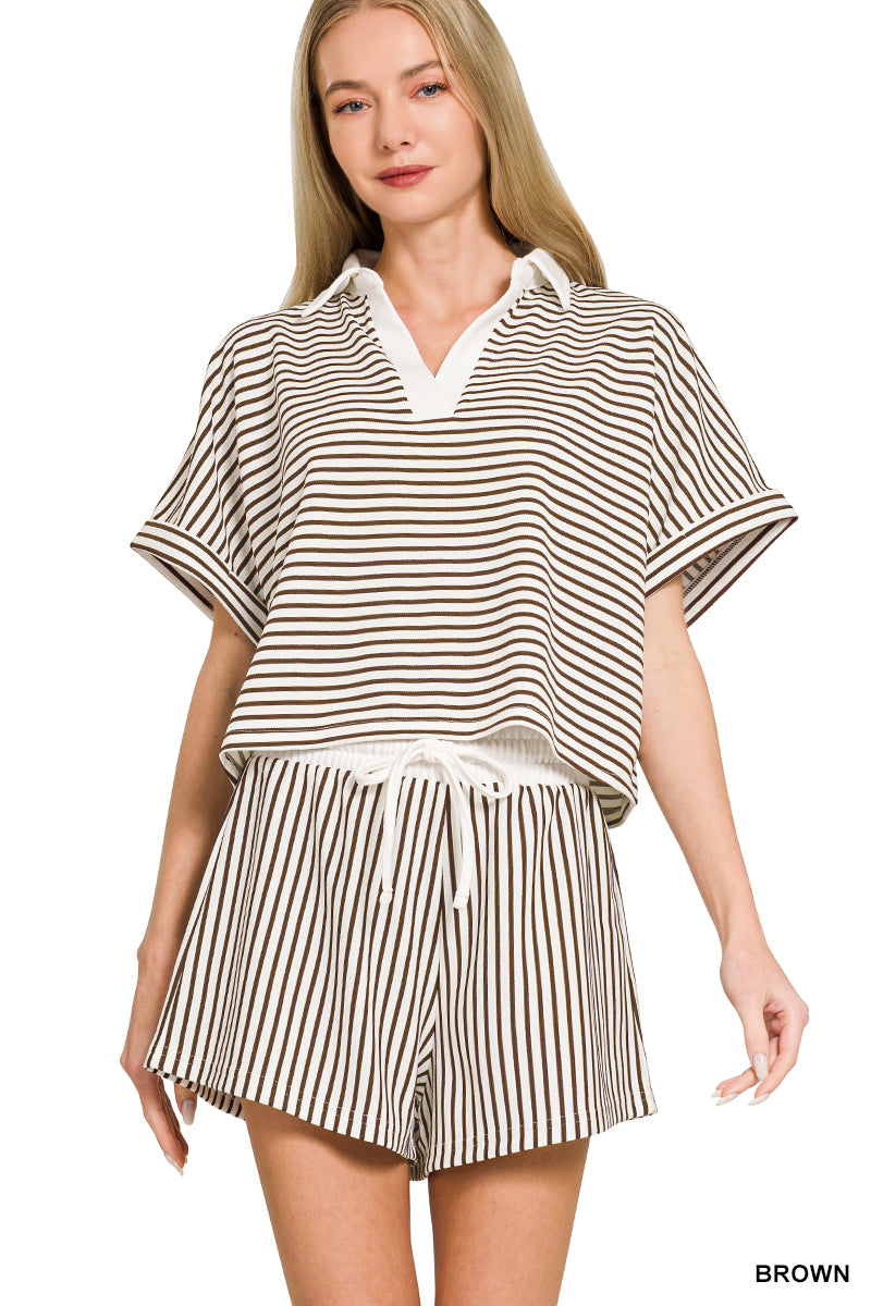 STRIPED COLLARED TOP & SHORTS SET