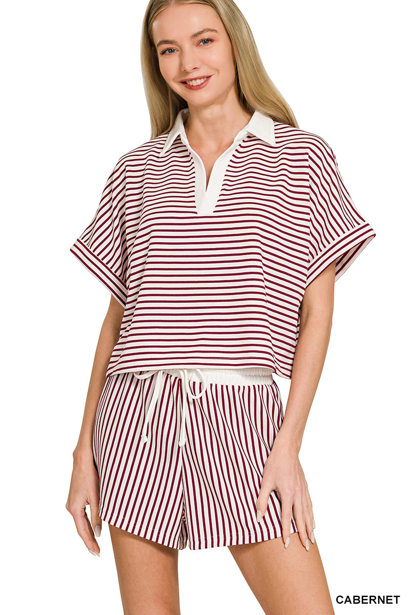 STRIPED COLLARED TOP & SHORTS SET