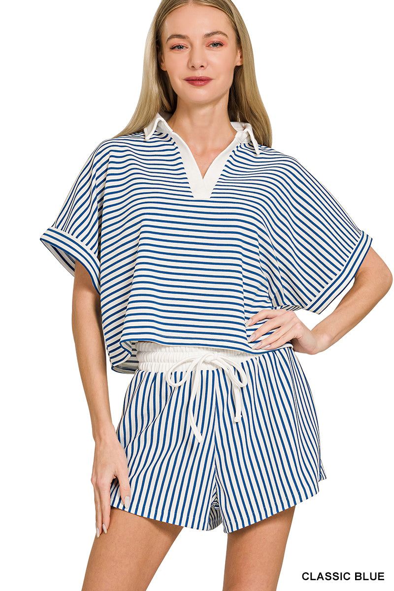 STRIPED COLLARED TOP & SHORTS SET