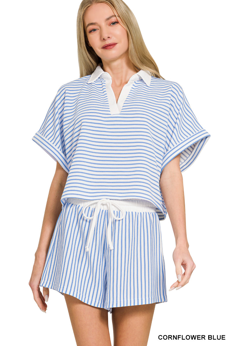 STRIPED COLLARED TOP & SHORTS SET