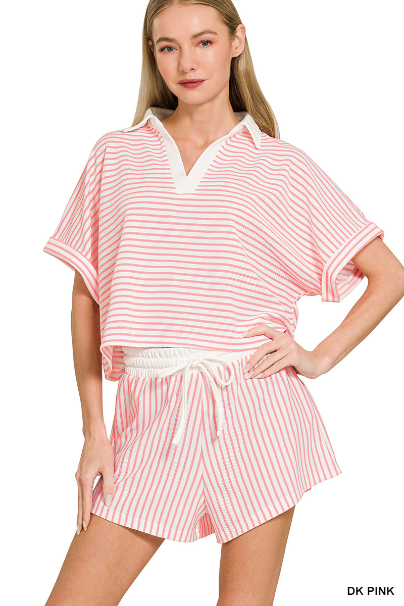STRIPED COLLARED TOP & SHORTS SET