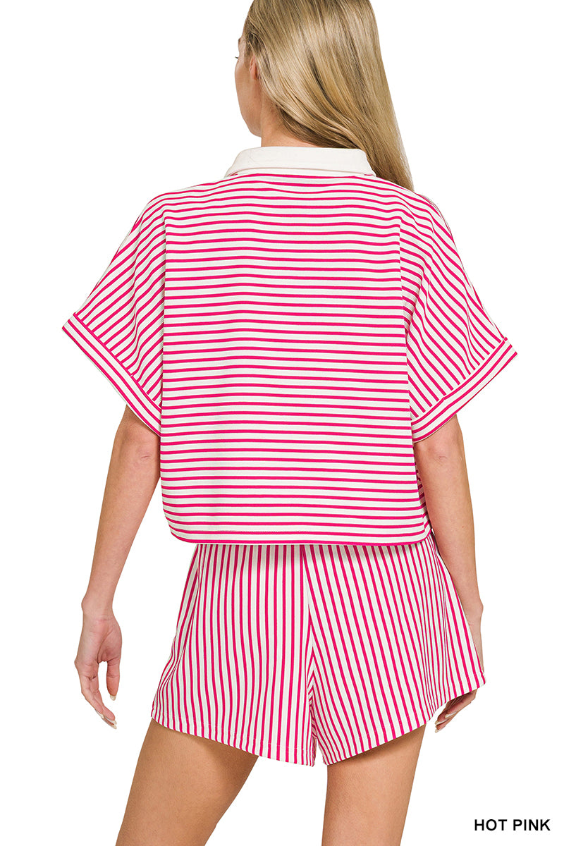 STRIPED COLLARED TOP & SHORTS SET