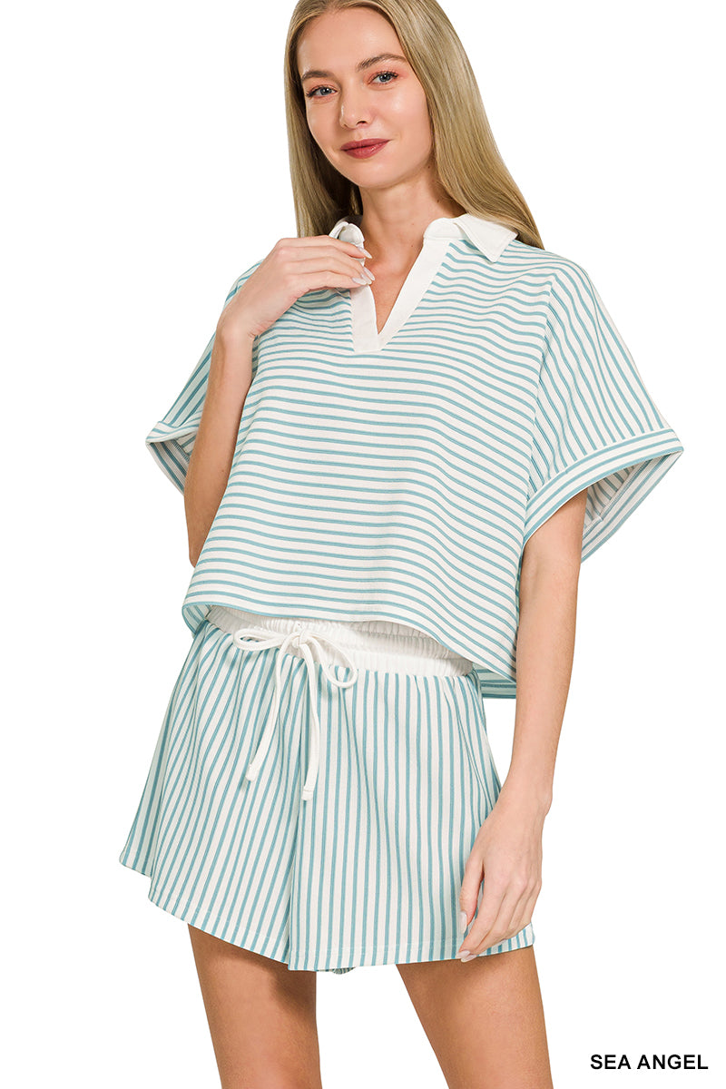 STRIPED COLLARED TOP & SHORTS SET