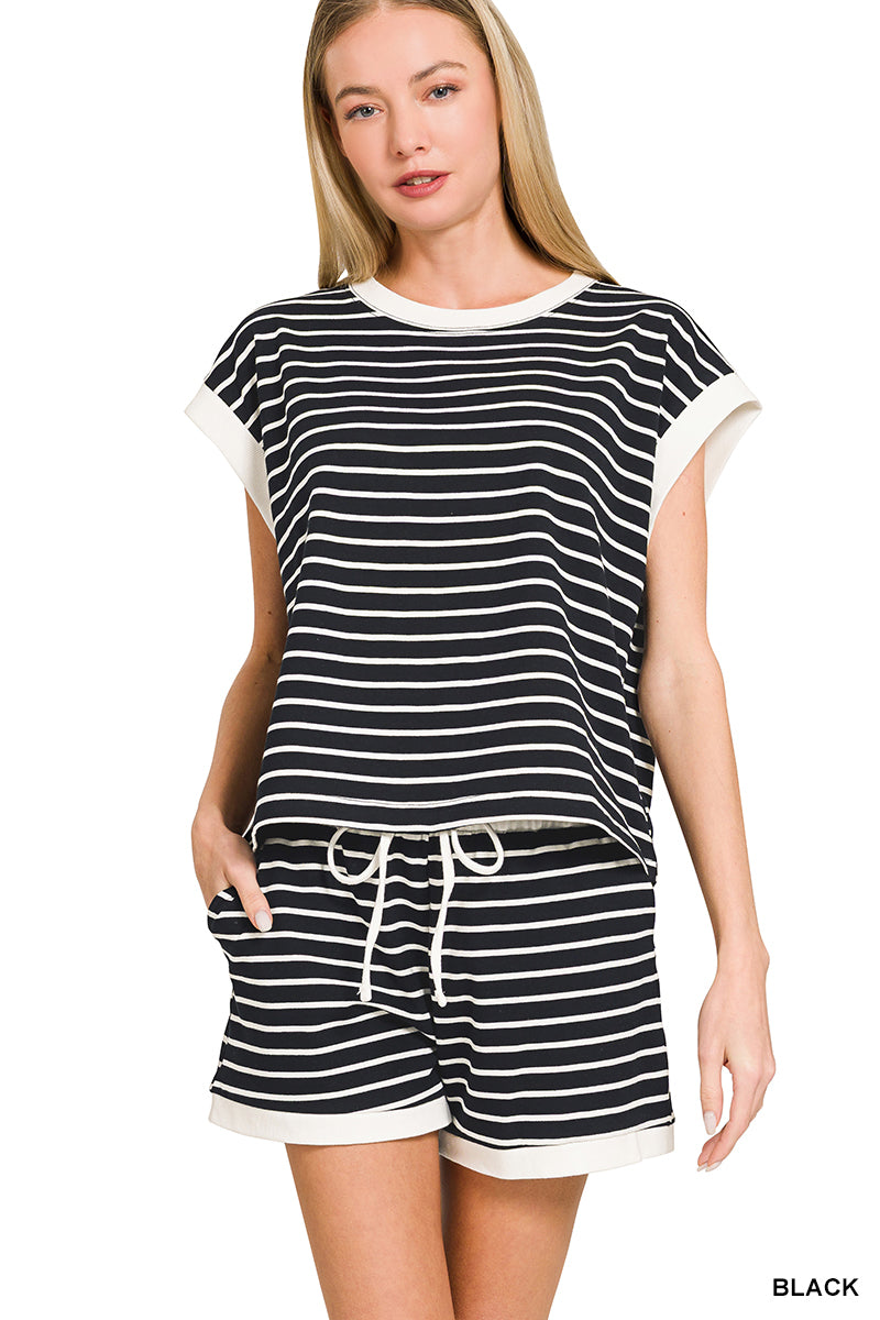 Zenana Stripe Contrast Trim Rib Banded Top & Shorts Set