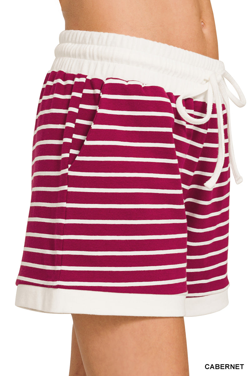 Zenana Stripe Contrast Trim Rib Banded Top & Shorts Set
