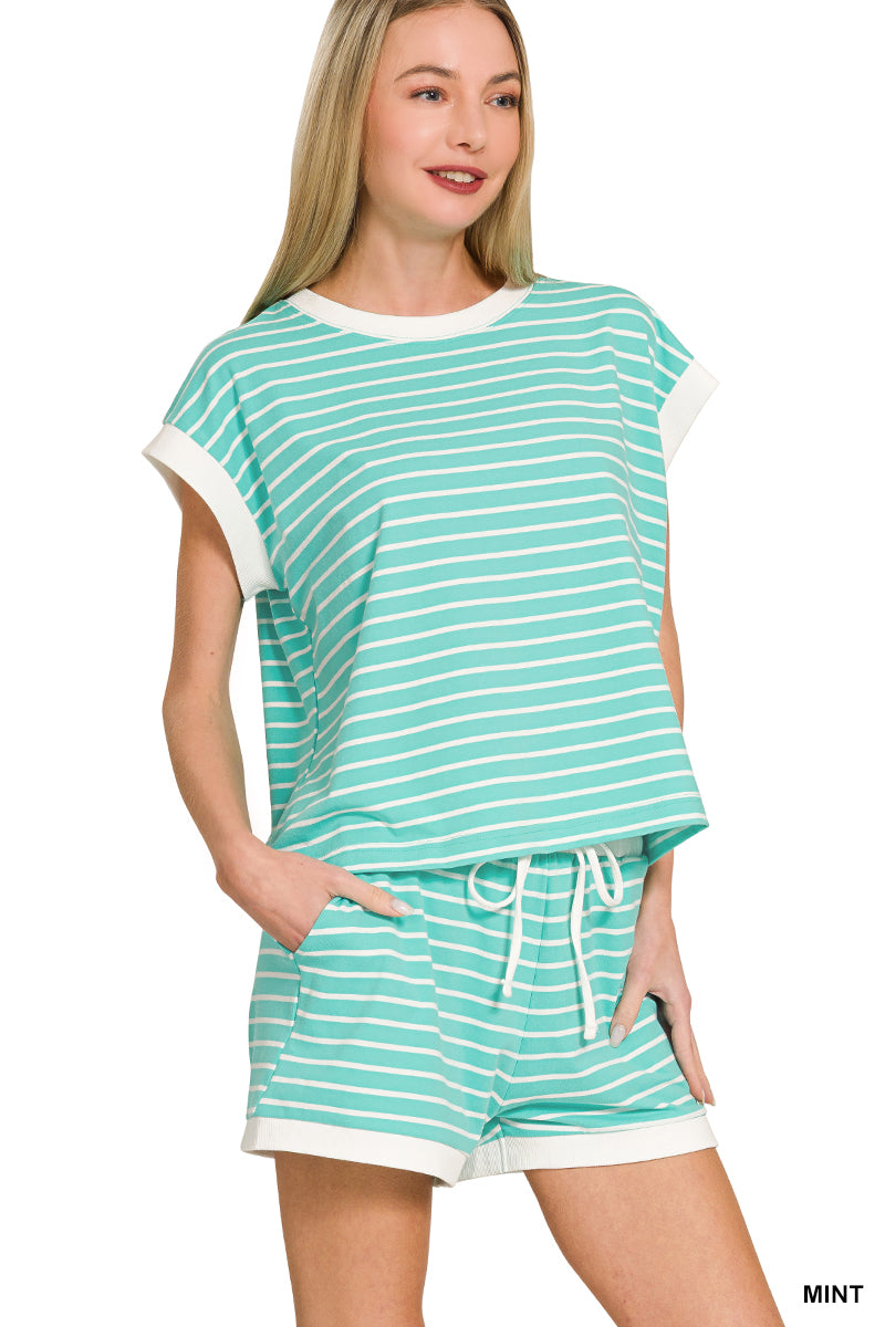 Zenana Stripe Contrast Trim Rib Banded Top & Shorts Set