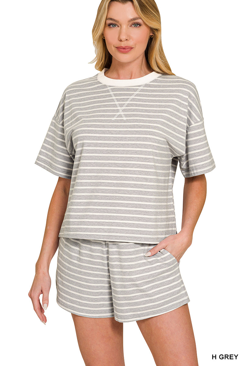 Zenana Striped Round Neck Tee & Shorts Set