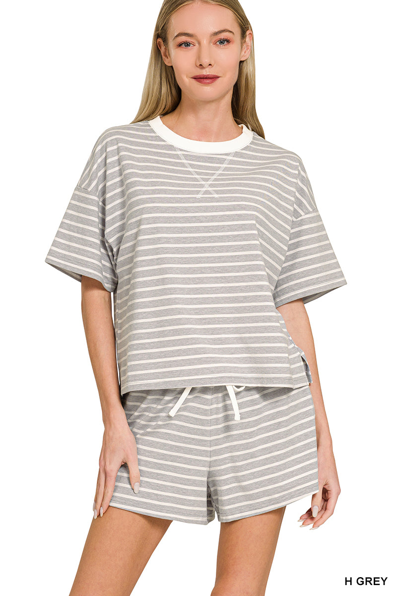 Zenana Striped Round Neck Tee & Shorts Set