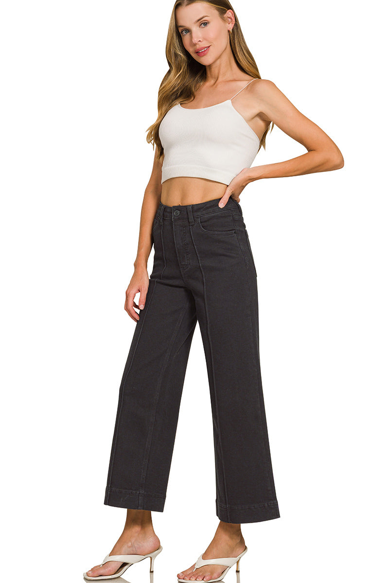 HIGH RISE WIDE LEG PINTUCK DENIM PANTS