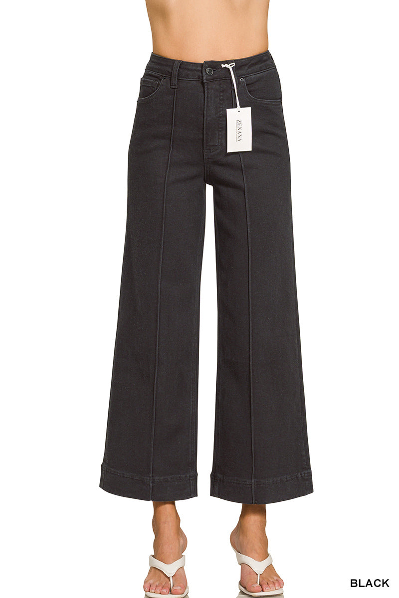 HIGH RISE WIDE LEG PINTUCK DENIM PANTS