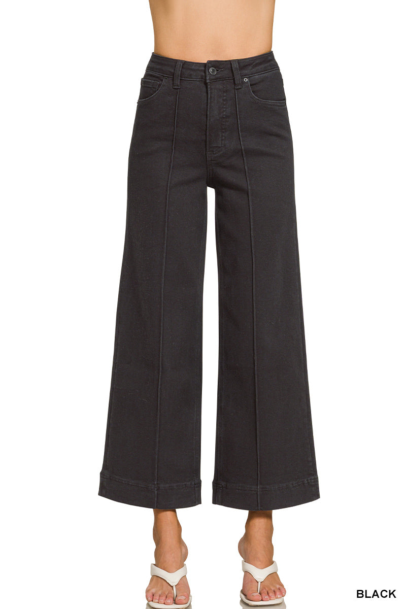 HIGH RISE WIDE LEG PINTUCK DENIM PANTS