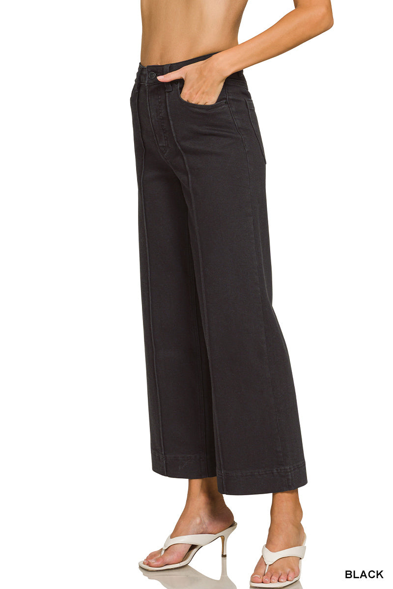 HIGH RISE WIDE LEG PINTUCK DENIM PANTS