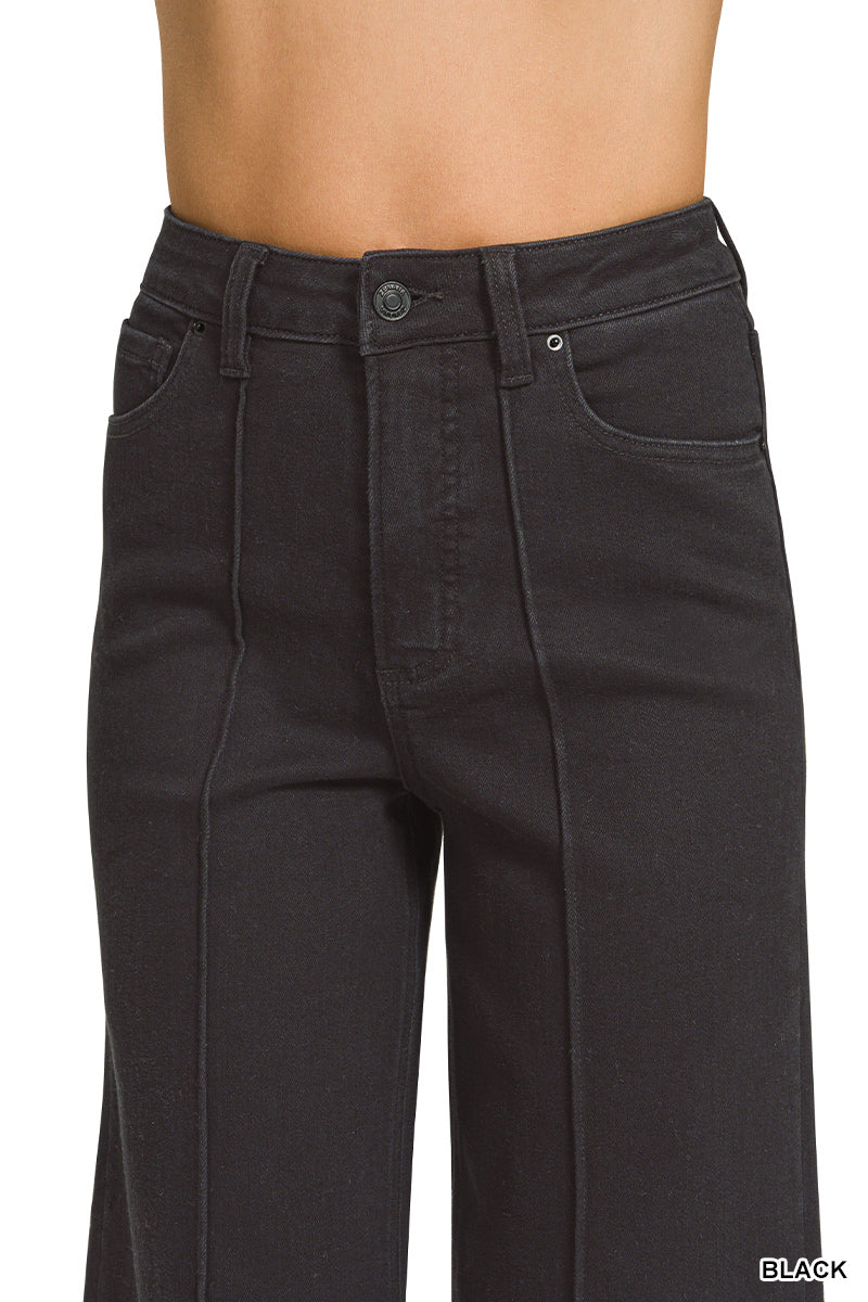 HIGH RISE WIDE LEG PINTUCK DENIM PANTS