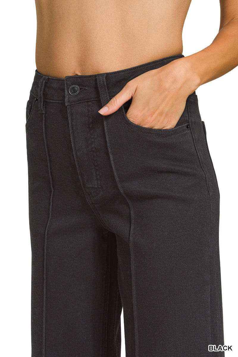 HIGH RISE WIDE LEG PINTUCK DENIM PANTS