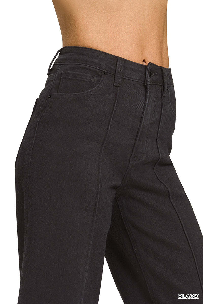 HIGH RISE WIDE LEG PINTUCK DENIM PANTS