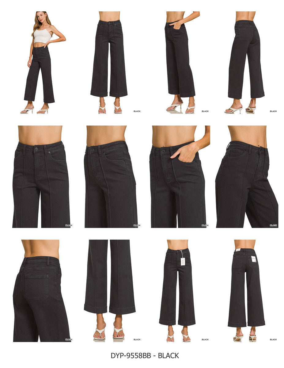 HIGH RISE WIDE LEG PINTUCK DENIM PANTS